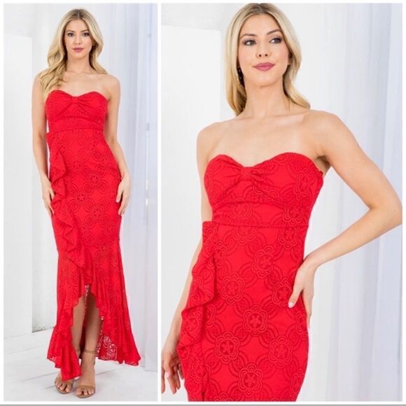 Lipstick Red Long Lace Formal Gown Strapless Flowy Maxi Dress - Picture 7 of 8
